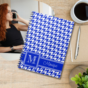 Royal Blue White Houndstooth Modern Monogram Notebook