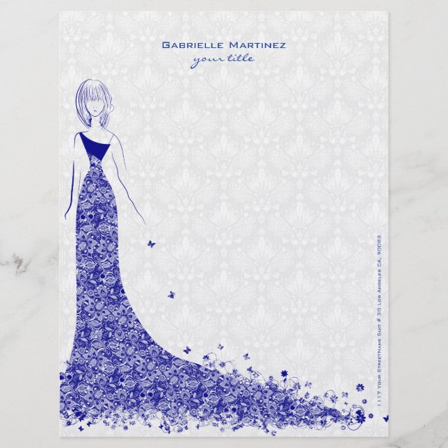 Royal Blue & White Lace Wedding Dress Floral Lace Letterhead Design (Front)