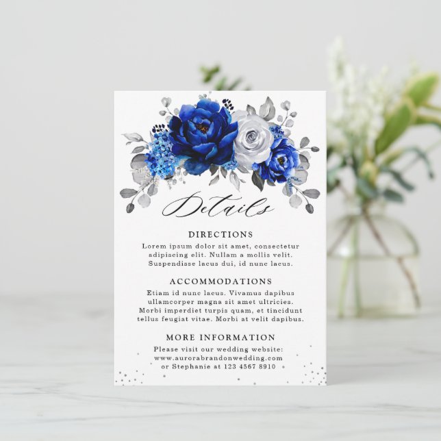 Royal Blue White Metallic Silver Floral Details En Enclosure Card (Standing Front)