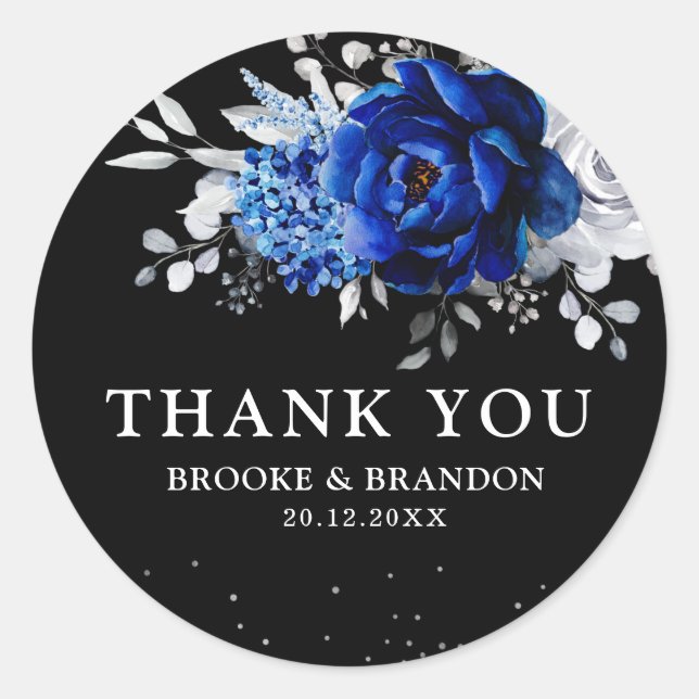 Royal Blue White Metallic Silver Floral Wedding Cl Classic Round Sticker (Front)