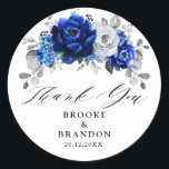 Royal Blue White Metallic Silver Floral Wedding Classic Round Sticker<br><div class="desc">Elegant royal blue white silver theme wedding thank you sticker featuring elegant bouquet of royal blue,  Navy,  silver,  pure white colour rose flowers buds and sage green eucalyptus leaves. Please contact me for any help in customisation or if you need any other product with this design.</div>