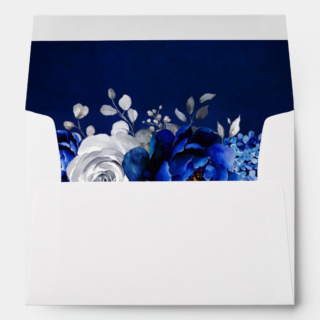 Royal Blue White Metallic Silver Floral Wedding En Envelope (Back (Bottom))
