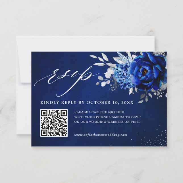 Royal Blue White Metallic Silver Floral Wedding QR RSVP Card (Front)