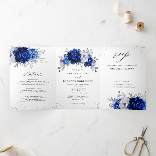 Royal Blue White Metallic Silver Floral Wedding Tr Tri-Fold Announcement (Inside)