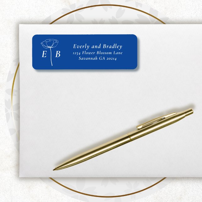 Royal Blue White Monogram Floral Accent Address (Creator Uploaded)