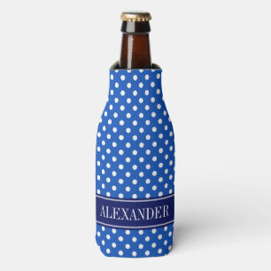 Royal Blue White Polka Dots Navy Name Monogram Bottle Cooler
