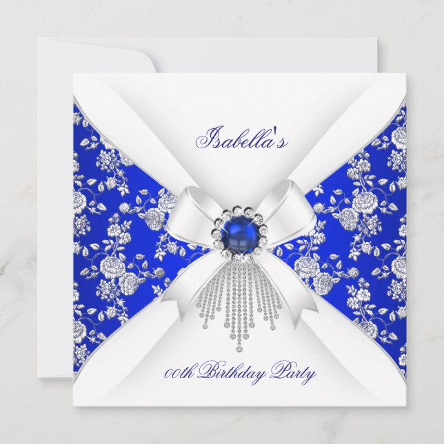Royal Blue White Rose Damask Pearl Birthday Invitation (Front)