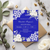 Royal blue white roses lace birthday invitation