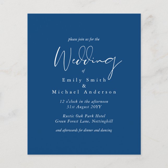 Royal Blue White Script  Budget Wedding (Front)