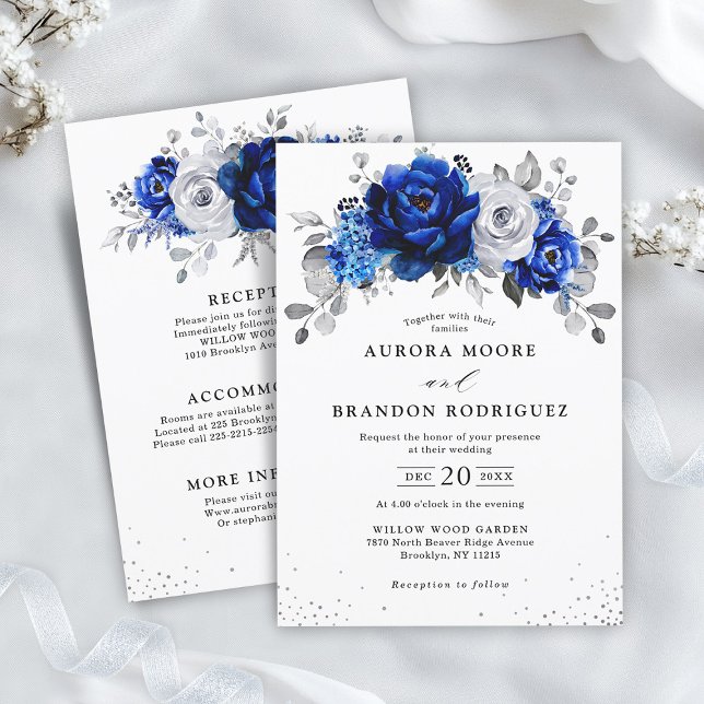 Royal Blue White Silver All in One Floral  Wedding Invitation (Royal Blue White Silver Details on Back all in one  Wedding Invitation)