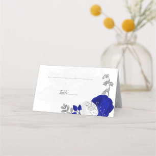 royal blue & white silver botanical wedding place  card