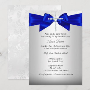 Royal Blue White Silver Cross Baptism Invitation
