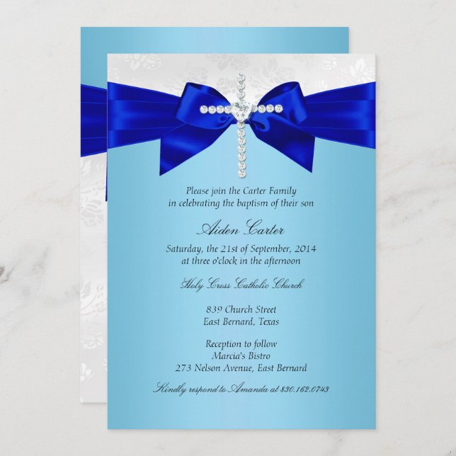 Royal Blue White Silver Cross Boys Baptism Invitation (Front/Back)
