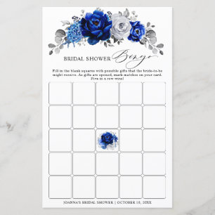 Royal Blue White Silver Floral Bridal Shower Bingo