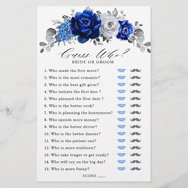 Royal Blue White Silver Floral Bridal Shower Game (Front)