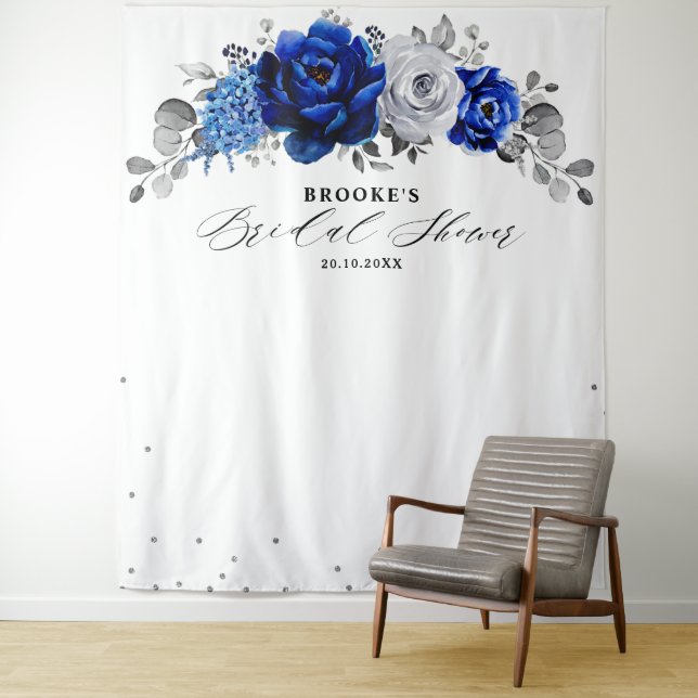 Royal Blue White Silver Floral Bridal shower Tapestry (In Situ)