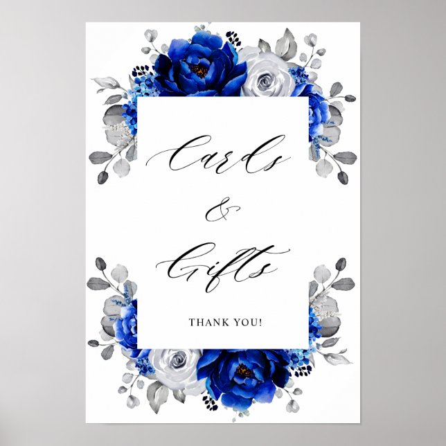 Royal Blue White Silver Floral Cards & Gifts Poster (Front)