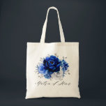 Royal Blue White Silver Floral Matron of Honour Tote Bag<br><div class="desc">Elegant royal blue white silver theme wedding bridesmaid gift tote bag featuring elegant bouquet of royal blue,  Navy,  silver,  pure white colour rose flowers buds and sage green eucalyptus leaves. Please contact me for any help in customisation or if you need any other product with this design.</div>