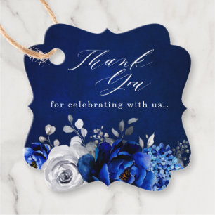 Royal Blue White Silver Floral Thank you Favour Ta Tags