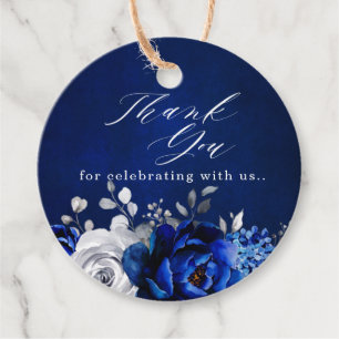Royal Blue White Silver Floral Thank you Favour Ta Tags