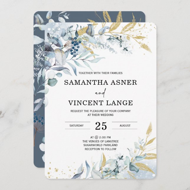 Royal Blue White Silver Floral Wedding Invitation (Front/Back)