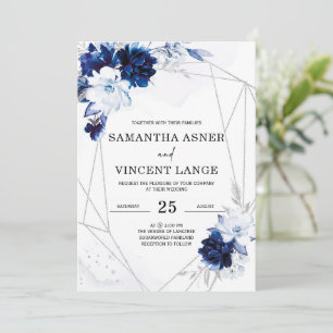 Royal Blue White Silver Floral Wedding Invitation