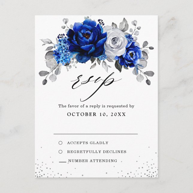 Royal Blue White Silver Floral Wedding RSVP Postcard (Front)