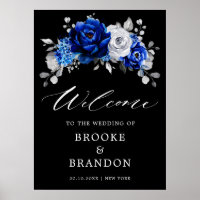 Royal Blue White Silver Floral Wedding Welcome Pos
