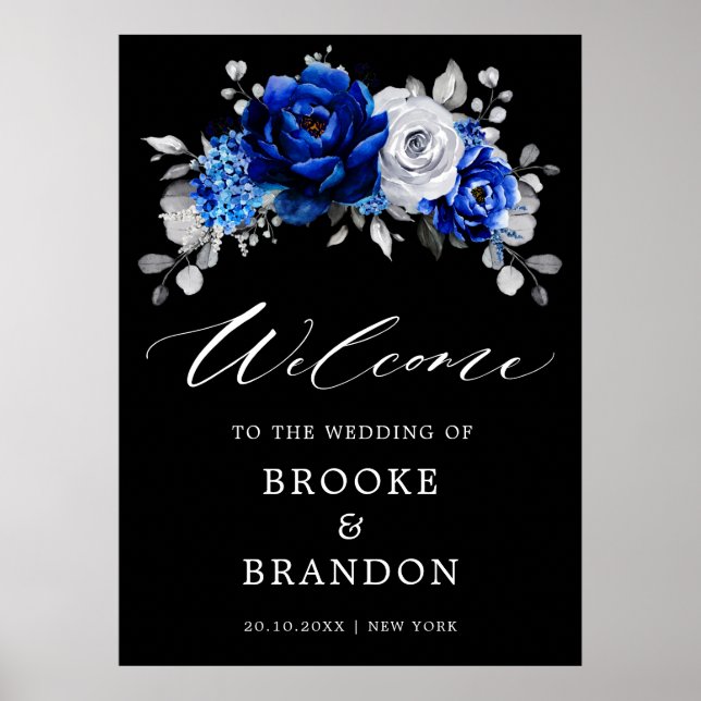 Royal Blue White Silver Floral Wedding Welcome Pos Poster (Front)