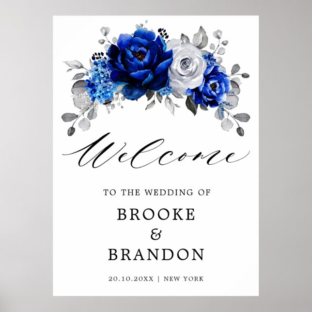 Royal Blue White Silver Floral Wedding Welcome Poster (Front)
