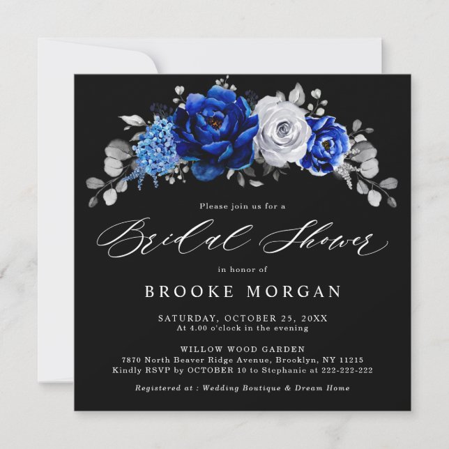 Royal Blue White Silver Metallic Bridal Shower Inv Invitation (Front)