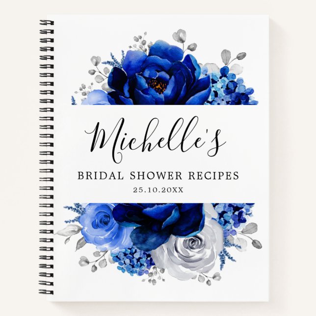 Royal Blue White Silver Metallic Bridal Shower Notebook (Front)
