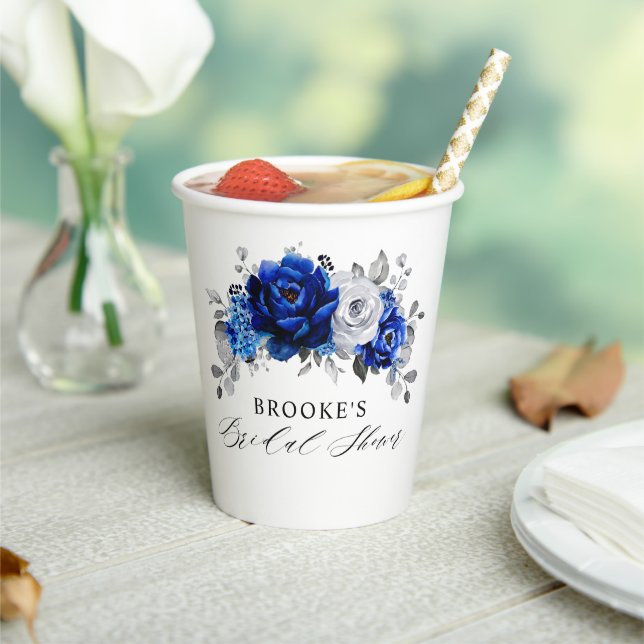 Royal Blue White Silver Metallic Bridal Shower Paper Cups (Insitu)