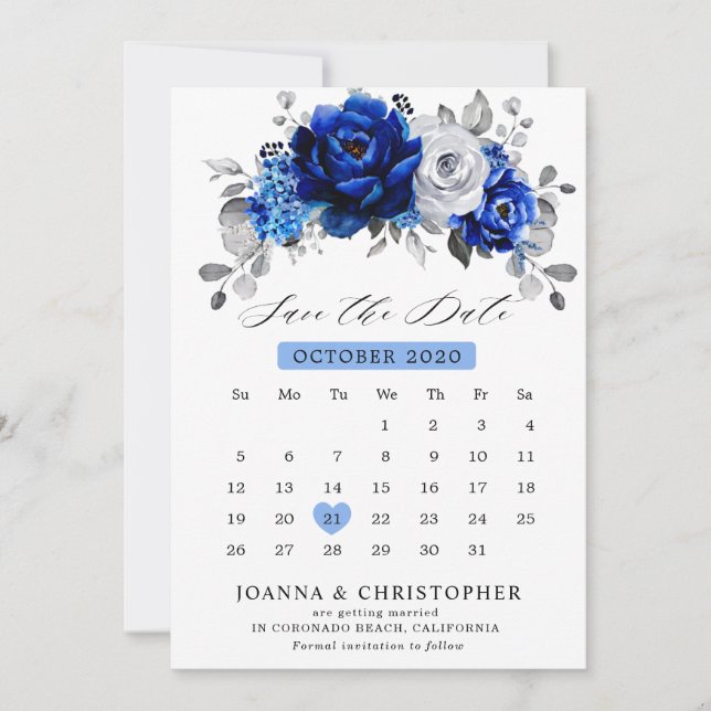 Royal Blue White Silver Metallic Floral calendar Save The Date (Front)