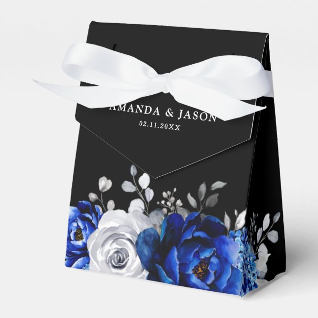 Royal Blue White Silver Metallic Floral Wedding Fa Favour Box (Front Side)