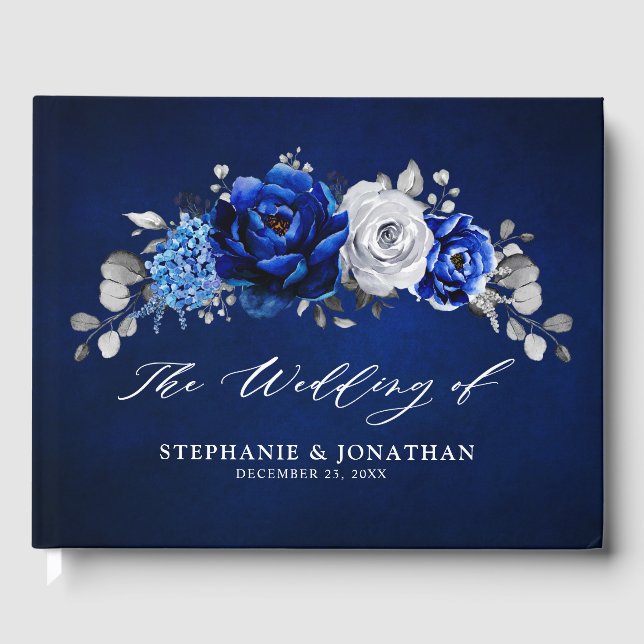 Royal Blue White Silver Metallic Floral Wedding Gu Guest Book (Front)