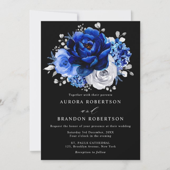 Royal Blue White Silver Metallic Floral Wedding In Invitation (Front)