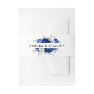 Royal Blue White Silver Metallic Floral Wedding In Invitation Belly Band