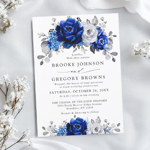Royal Blue White Silver Metallic Floral Wedding Invitation