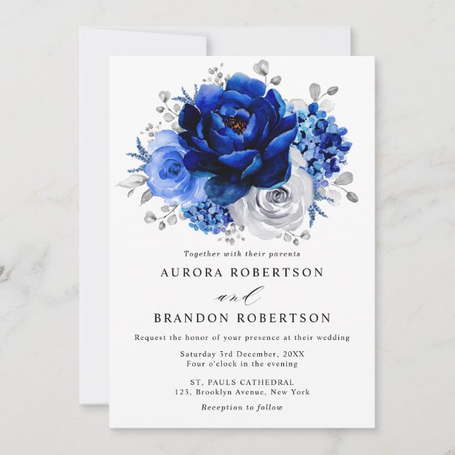 Royal Blue White Silver Metallic Floral Wedding Invitation (Front)