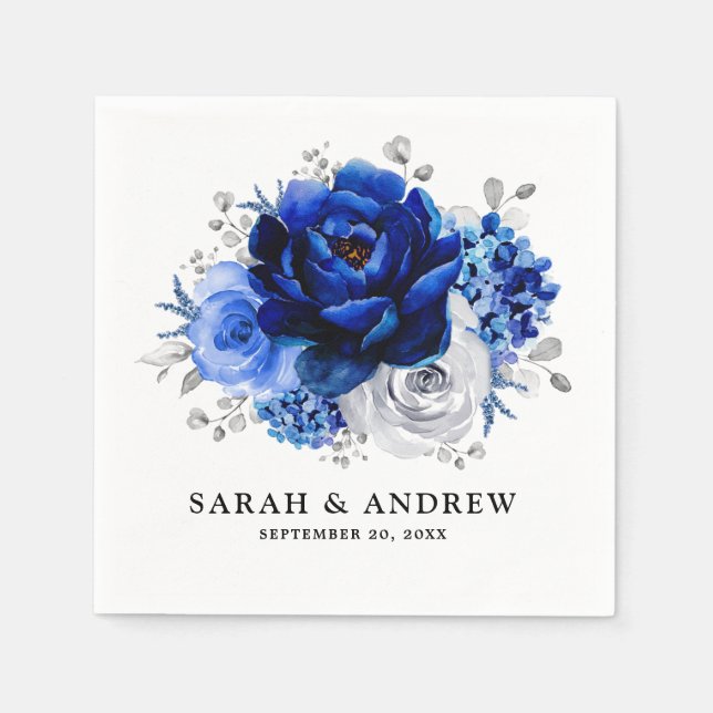 Royal Blue White Silver Metallic Floral Wedding Napkin (Front)
