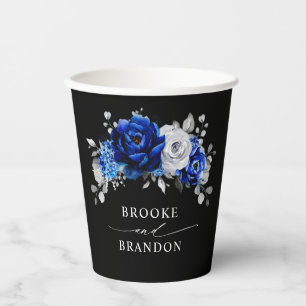 Royal Blue White Silver Metallic Floral Wedding Pa Paper Cups