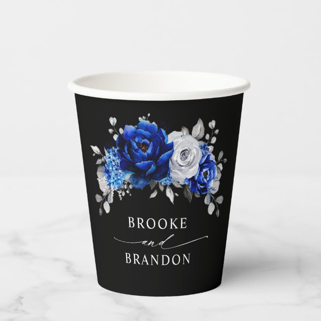 Royal Blue White Silver Metallic Floral Wedding Pa Paper Cups (Front)