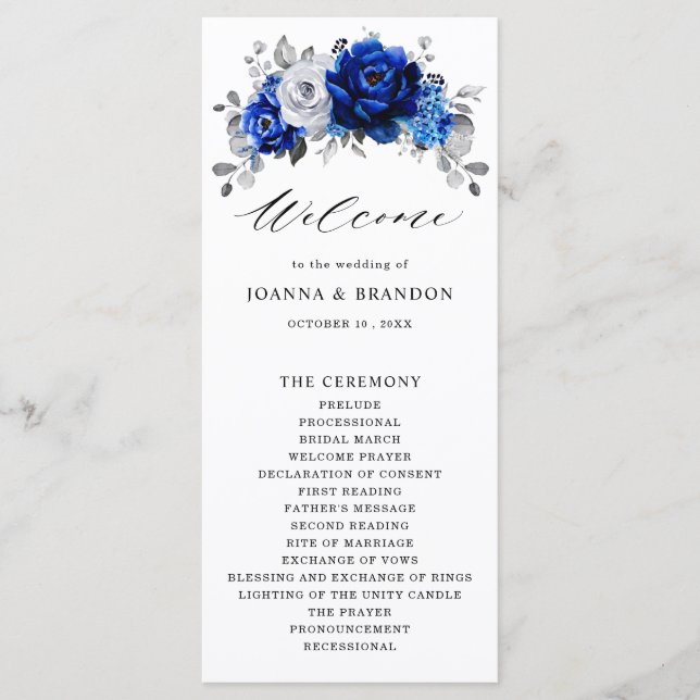 Royal Blue White Silver Metallic Floral Wedding Programme (Front)