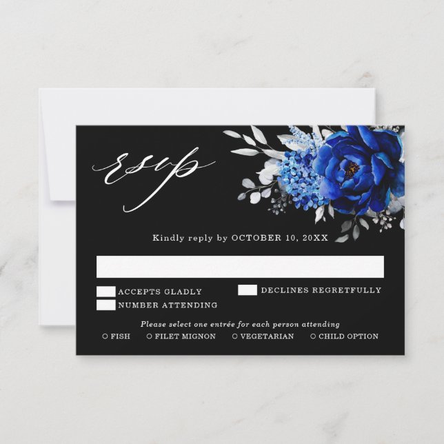 Royal Blue White Silver Metallic Floral Wedding RS RSVP Card (Front)