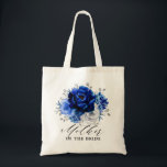 Royal Blue White Silver Metallic Floral Wedding To Tote Bag<br><div class="desc">Elegant royal blue white silver theme wedding bridesmaid gift tote bag featuring elegant bouquet of royal blue,  Navy,  silver,  pure white colour rose flowers buds and sage green eucalyptus leaves. Please contact me for any help in customisation or if you need any other product with this design.</div>