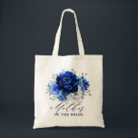 Royal Blue White Silver Metallic Floral Wedding To Tote Bag<br><div class="desc">Elegant royal blue white silver theme wedding bridesmaid gift tote bag featuring elegant bouquet of royal blue,  Navy,  silver,  pure white colour rose flowers buds and sage green eucalyptus leaves. Please contact me for any help in customisation or if you need any other product with this design.</div>