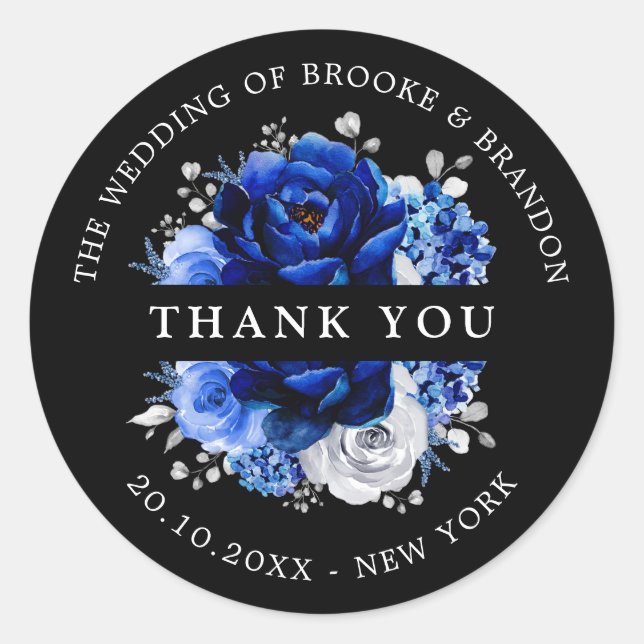 Royal Blue White Silver Metallic Wedding Thank you Classic Round Sticker (Front)