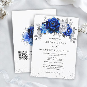 Royal Blue White Silver QR Code Floral Wedding Invitation