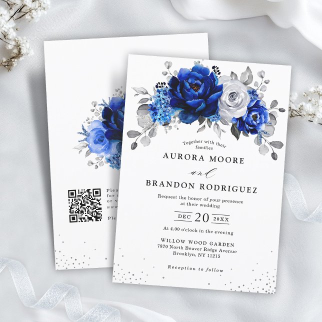 Royal Blue White Silver QR Code Floral Wedding Invitation (Royal Blue White Silver QR Code Floral Wedding Invitation)